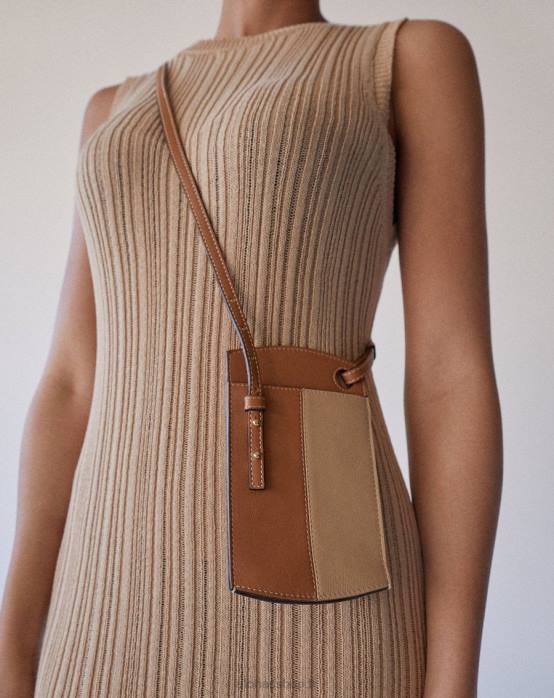 femmes beige camel bicolore P64N1128 Alohas pochette pour téléphone - sac à main en cuir marron et beige