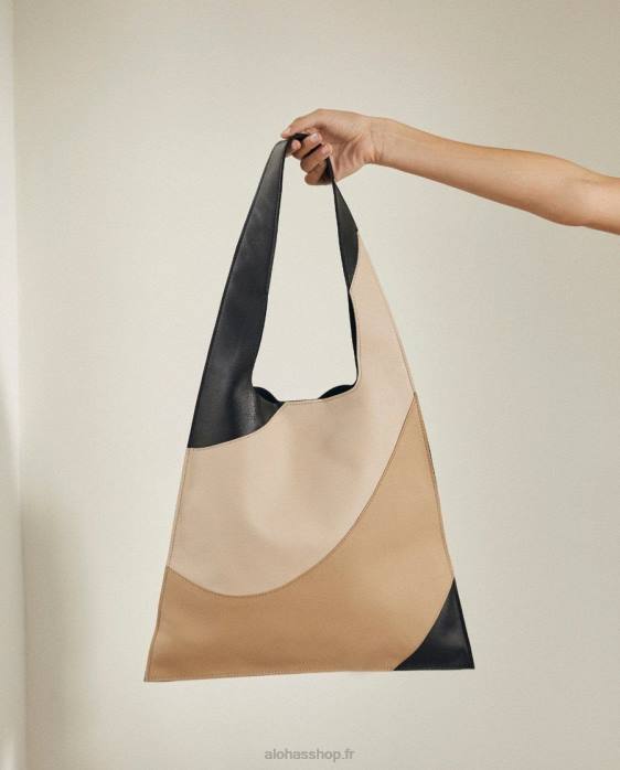 femmes kaléidoscope pierre noire imprimé beige P64N1096 Alohas le l kaléidoscope - sac à main en cuir noir et beige