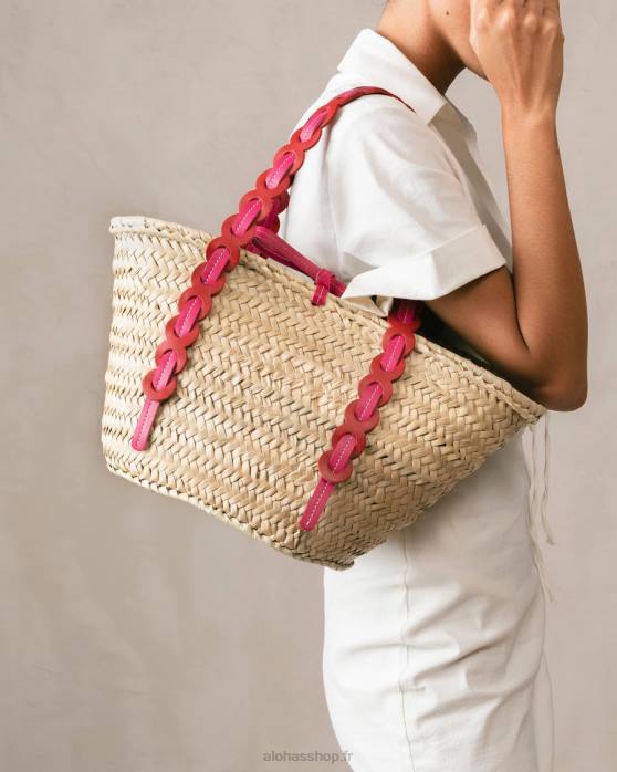 femmes rouge à lèvres rouge magenta P64N1041 Alohas palmette - sac en paille cuir rouge et rose