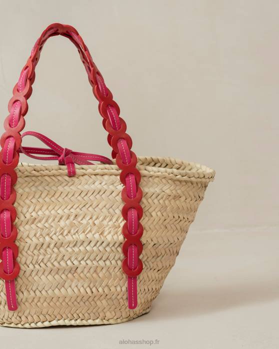 femmes rouge à lèvres rouge magenta P64N1041 Alohas palmette - sac en paille cuir rouge et rose