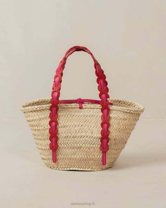 femmes rouge à lèvres rouge magenta P64N1041 Alohas palmette - sac en paille cuir rouge et rose