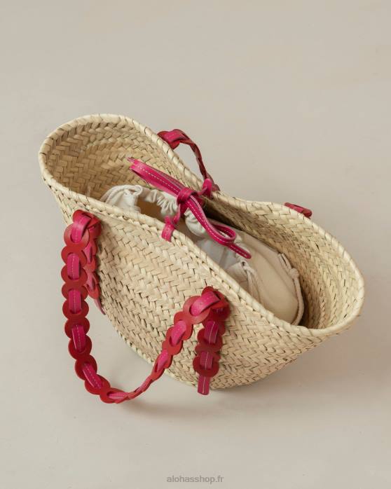 femmes rouge à lèvres rouge magenta P64N1041 Alohas palmette - sac en paille cuir rouge et rose