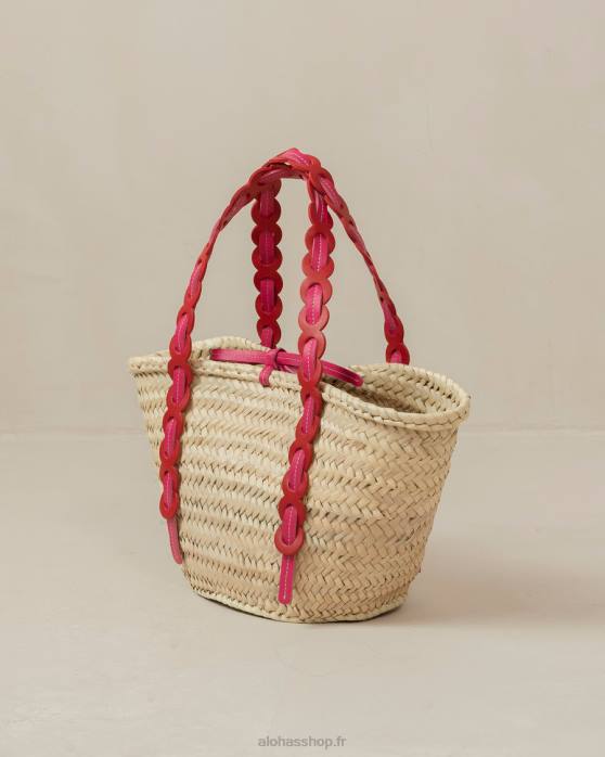 femmes rouge à lèvres rouge magenta P64N1041 Alohas palmette - sac en paille cuir rouge et rose