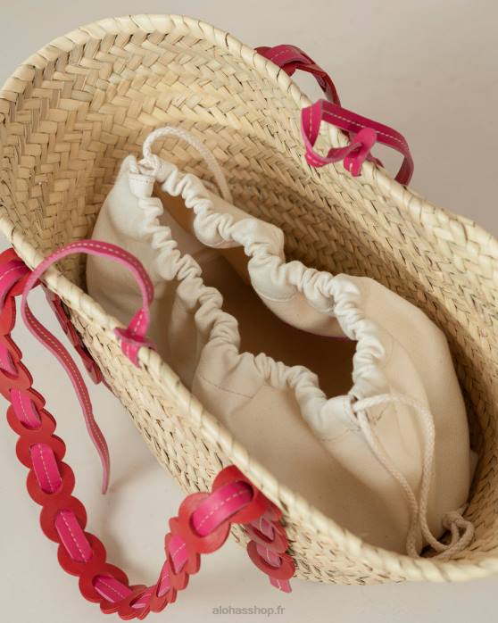 femmes rouge à lèvres rouge magenta P64N1041 Alohas palmette - sac en paille cuir rouge et rose