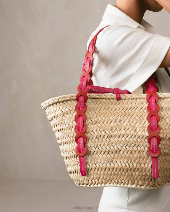 femmes rouge à lèvres rouge magenta P64N1041 Alohas palmette - sac en paille cuir rouge et rose