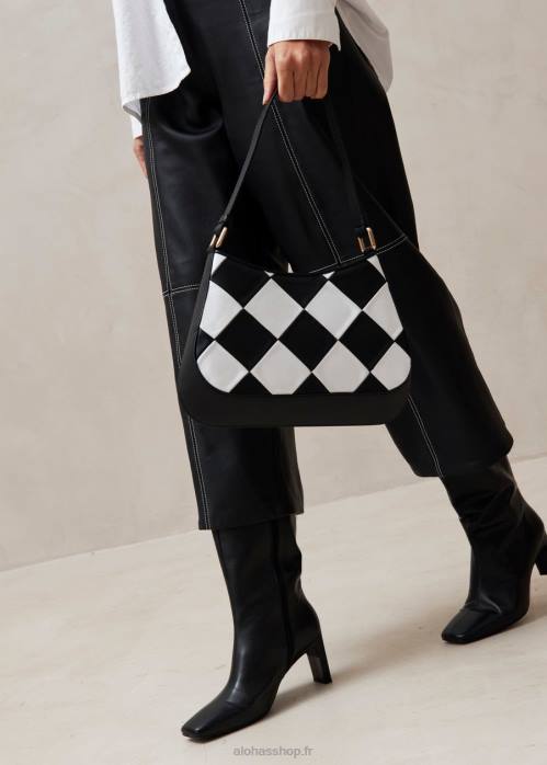 femmes scacchi noir blanc/blanc P64N1083 Alohas le c scacchi - sac à main en cuir noir et blanc