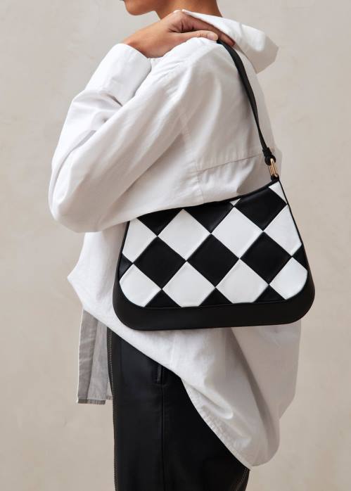 femmes scacchi noir blanc/blanc P64N1083 Alohas le c scacchi - sac à main en cuir noir et blanc