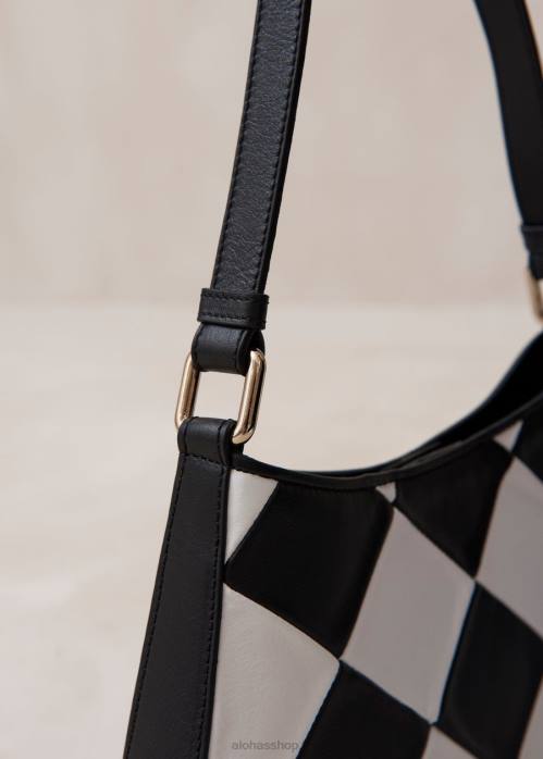 femmes scacchi noir blanc/blanc P64N1083 Alohas le c scacchi - sac à main en cuir noir et blanc