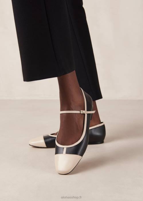 femmes noir crème P64N292 Alohas agate - chaussures mary jane en cuir noir et blanc