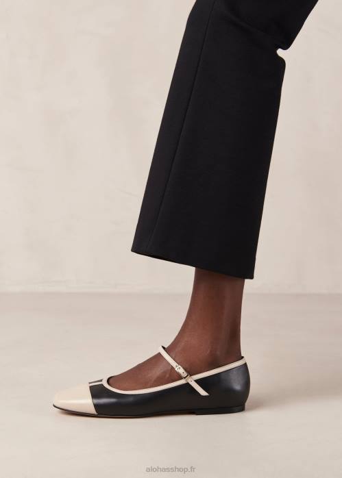 femmes noir crème P64N292 Alohas agate - chaussures mary jane en cuir noir et blanc