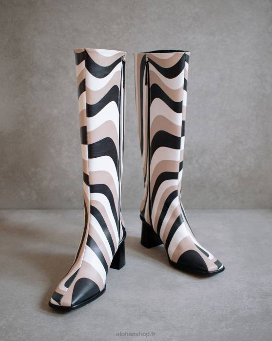 femmes kaléidoscope pierre noire imprimé beige P64N56 Alohas east kaleidoscope - bottes hautes noires, blanches et beiges