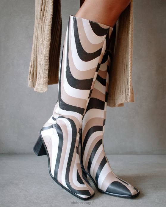 femmes kaléidoscope pierre noire imprimé beige P64N56 Alohas east kaleidoscope - bottes hautes noires, blanches et beiges