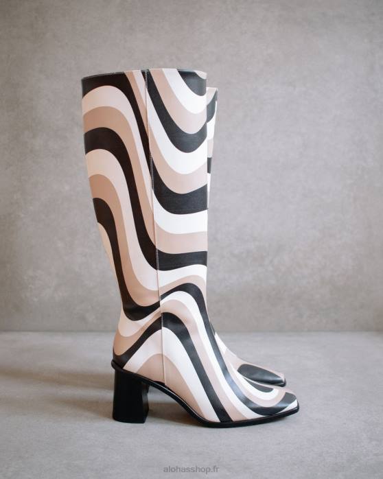 femmes kaléidoscope pierre noire imprimé beige P64N56 Alohas east kaleidoscope - bottes hautes noires, blanches et beiges
