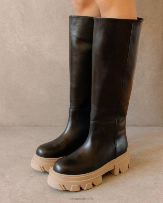 femmes pierre bicolore beige noir P64N99 Alohas katiuska - bottes en cuir noir et beige