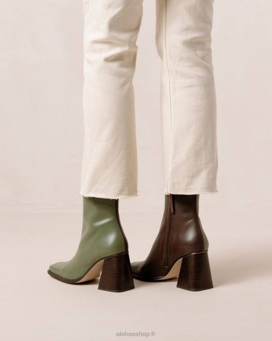 femmes brun café olive poussiéreux P64N194 Alohas sud bicolore - bottes en cuir marron et vert