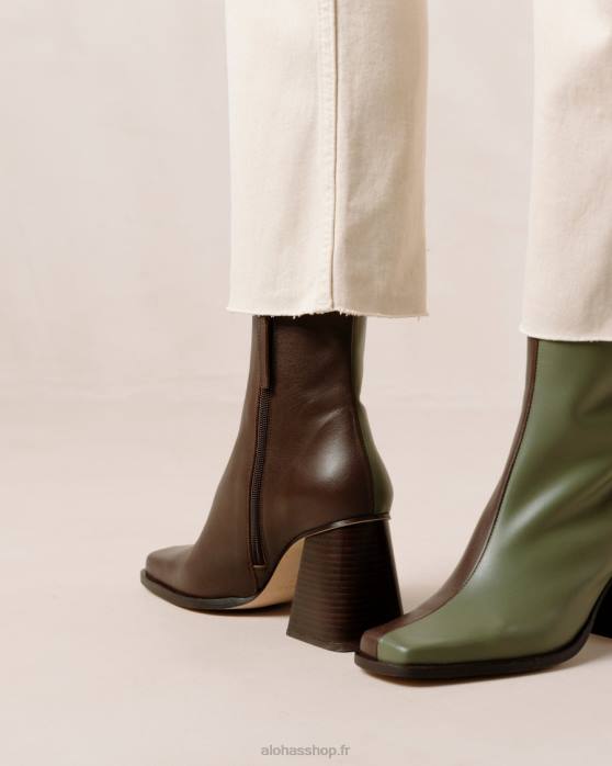 femmes brun café olive poussiéreux P64N194 Alohas sud bicolore - bottes en cuir marron et vert