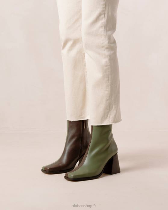 femmes brun café olive poussiéreux P64N194 Alohas sud bicolore - bottes en cuir marron et vert
