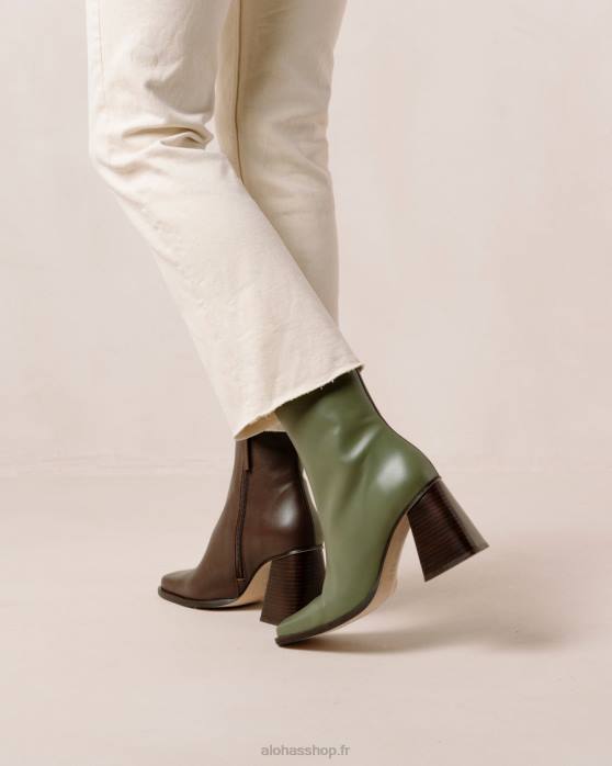 femmes brun café olive poussiéreux P64N194 Alohas sud bicolore - bottes en cuir marron et vert