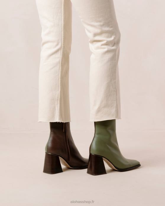 femmes brun café olive poussiéreux P64N194 Alohas sud bicolore - bottes en cuir marron et vert