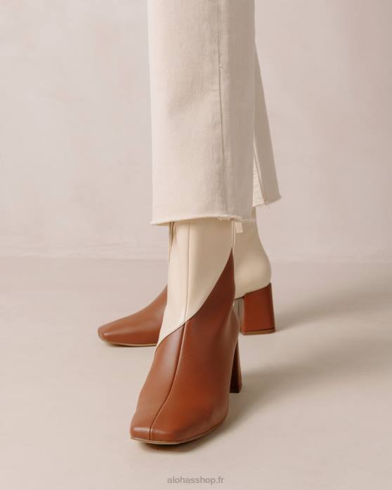 femmes brun pain d'épice blanc chaud P64N130 Alohas aquarelle - bottes en cuir vegan blanc et marron