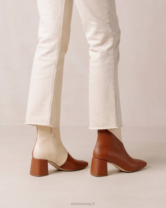 femmes brun pain d'épice blanc chaud P64N130 Alohas aquarelle - bottes en cuir vegan blanc et marron