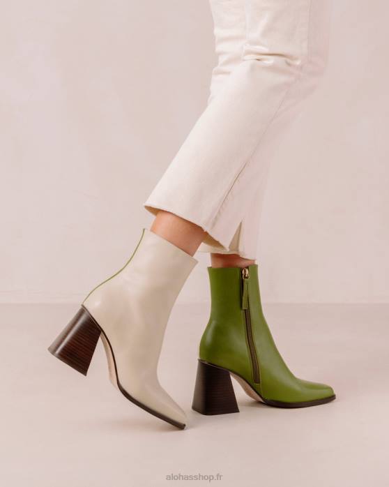 femmes crème à feuilles persistantes P64N193 Alohas sud bicolore - bottes en cuir blanc et vert