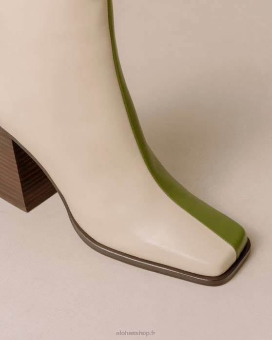 femmes crème à feuilles persistantes P64N193 Alohas sud bicolore - bottes en cuir blanc et vert