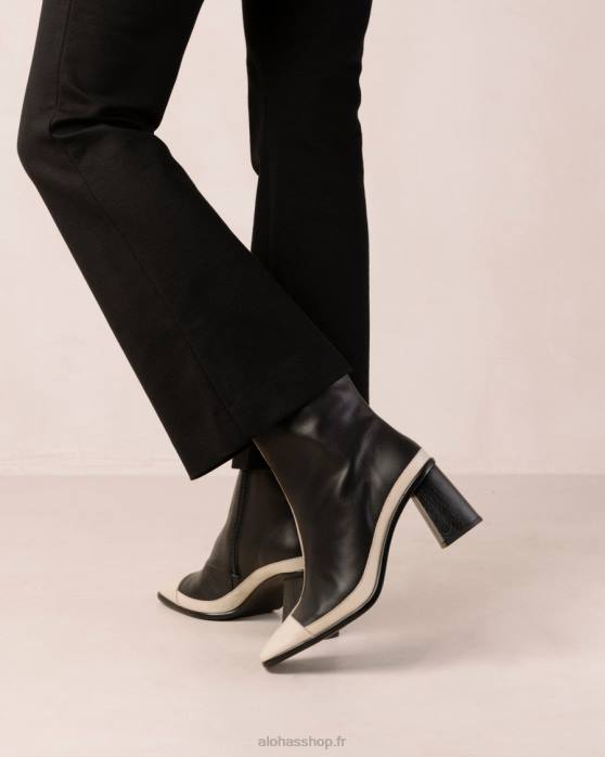 femmes crème noire P64N225 Alohas west retro - bottes en cuir noir et blanc