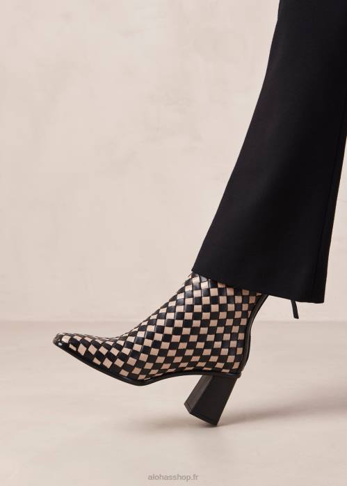 femmes tressé noir pierre beige P64N337 Alohas ouest tressé - bottes en cuir noir et blanc