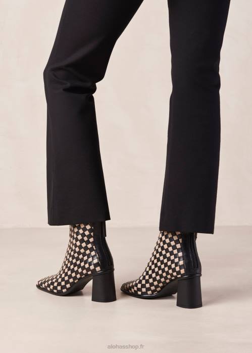 femmes tressé noir pierre beige P64N337 Alohas ouest tressé - bottes en cuir noir et blanc