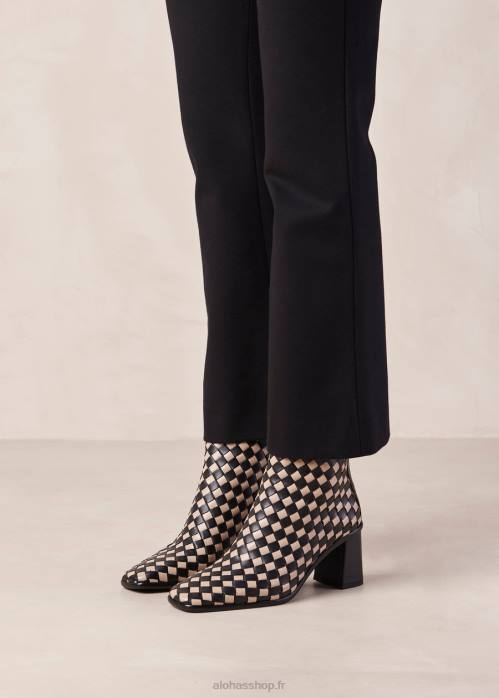 femmes tressé noir pierre beige P64N337 Alohas ouest tressé - bottes en cuir noir et blanc