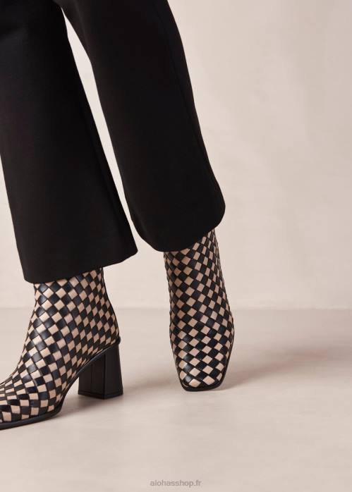 femmes tressé noir pierre beige P64N337 Alohas ouest tressé - bottes en cuir noir et blanc