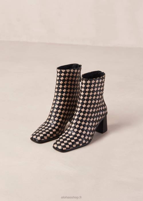 femmes tressé noir pierre beige P64N337 Alohas ouest tressé - bottes en cuir noir et blanc
