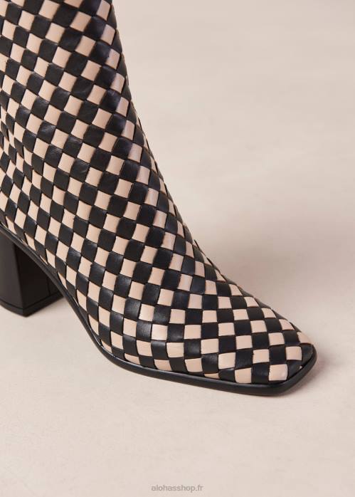 femmes tressé noir pierre beige P64N337 Alohas ouest tressé - bottes en cuir noir et blanc