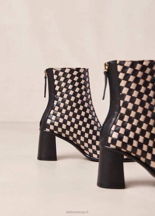 femmes tressé noir pierre beige P64N337 Alohas ouest tressé - bottes en cuir noir et blanc