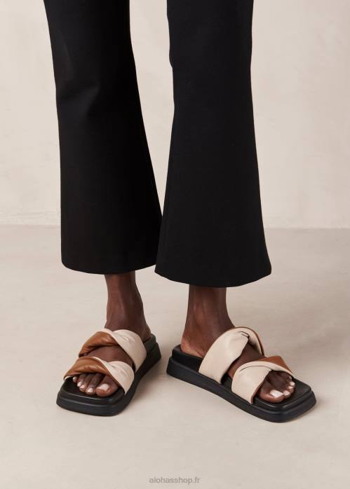 femmes beige ivoire P64N510 Alohas shaka bicolor - sandales en cuir blanc et marron