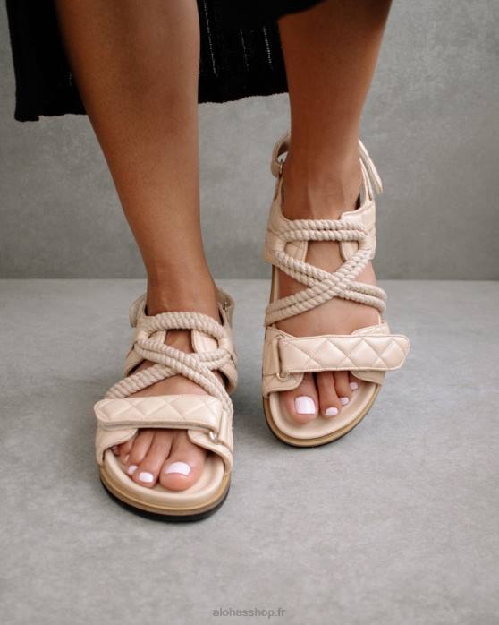 femmes beige pierre tressée P64N238 Alohas crochet-boucle tressé - sandales en cuir beige