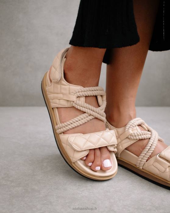femmes beige pierre tressée P64N238 Alohas crochet-boucle tressé - sandales en cuir beige