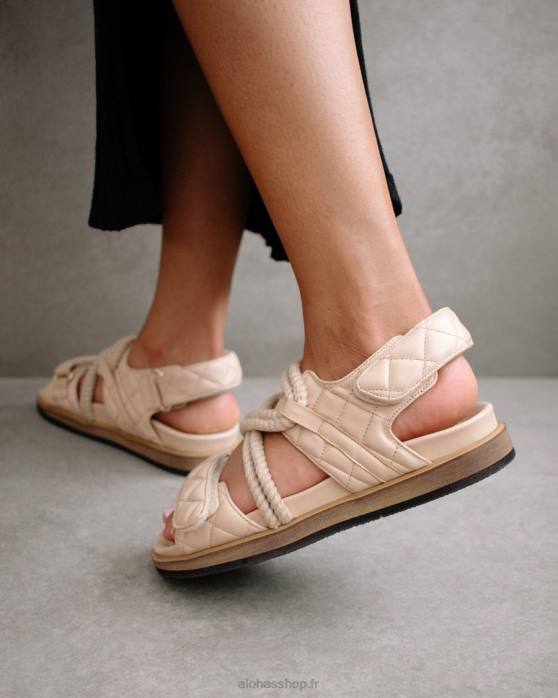 femmes beige pierre tressée P64N238 Alohas crochet-boucle tressé - sandales en cuir beige