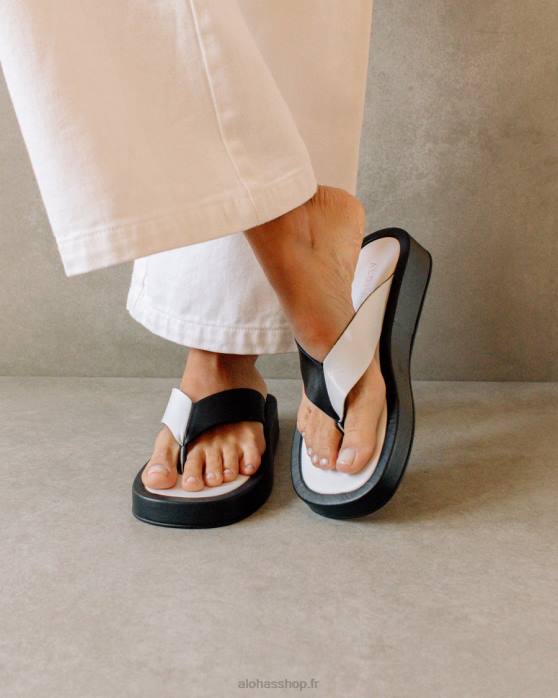 femmes bicolore noir blanc brillant P64N449 Alohas couvert - sandales en cuir noir et blanc