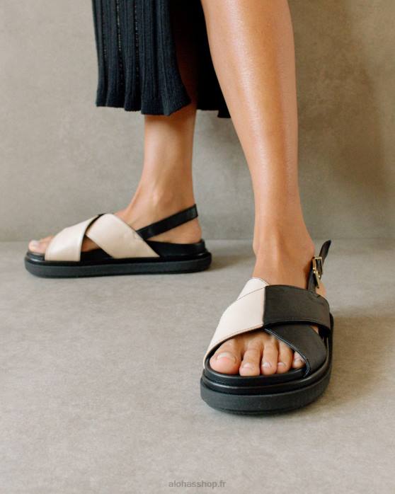 femmes bicolore noir ivoire P64N124 Alohas marshmallow - sandales en cuir noir et blanc