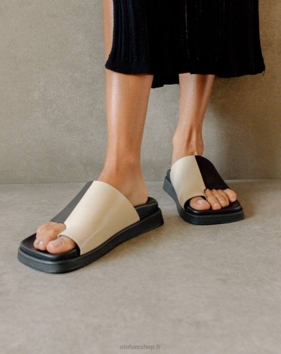 femmes bicolore noir ivoire P64N222 Alohas toe ring flop - sandales en cuir noir et blanc