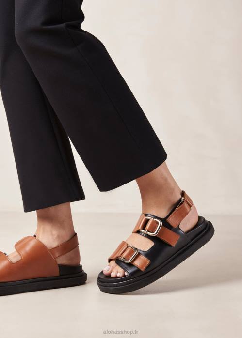 femmes bronzage noir P64N14 Alohas harper - sandales en cuir noir et marron