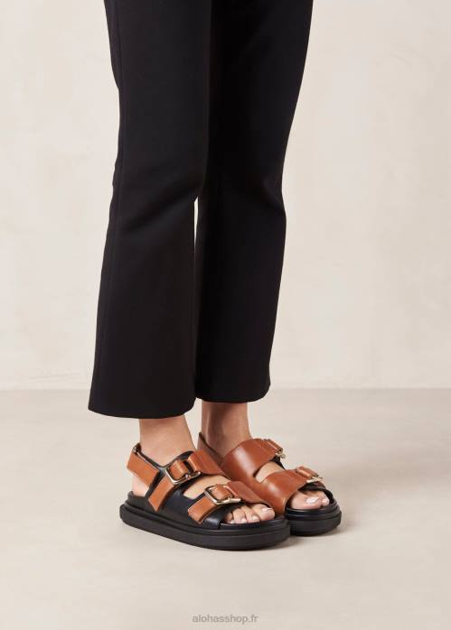 femmes bronzage noir P64N14 Alohas harper - sandales en cuir noir et marron