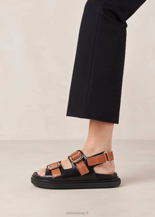 femmes bronzage noir P64N14 Alohas harper - sandales en cuir noir et marron