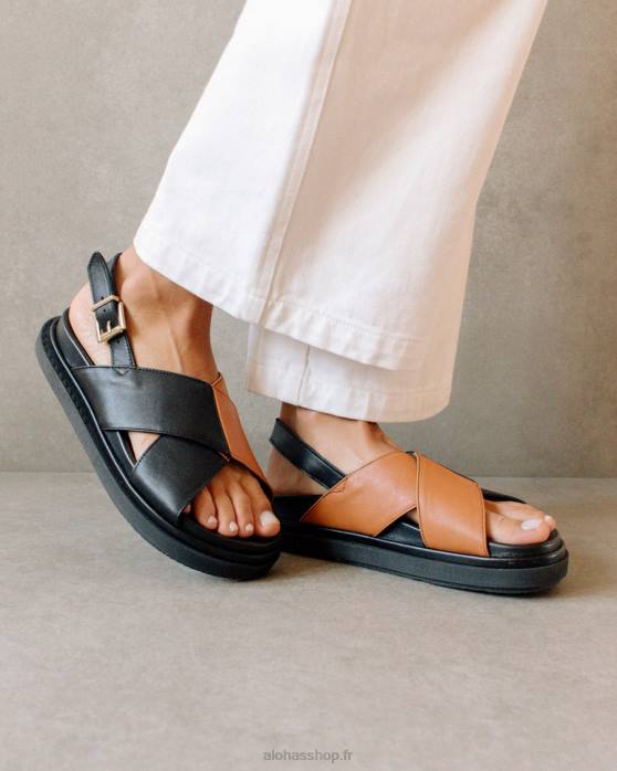 femmes bronzage noir bicolore P64N125 Alohas marshmallow - sandales à brides croisées noires et marron