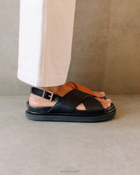 femmes bronzage noir bicolore P64N125 Alohas marshmallow - sandales à brides croisées noires et marron