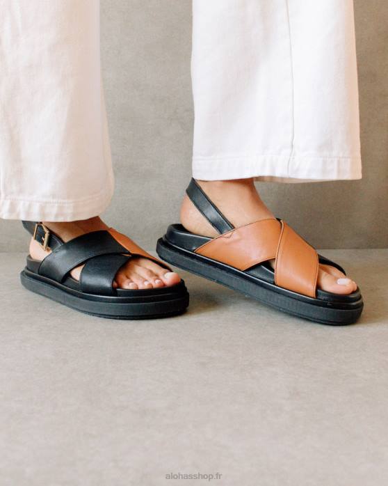 femmes bronzage noir bicolore P64N125 Alohas marshmallow - sandales à brides croisées noires et marron
