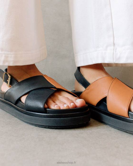 femmes bronzage noir bicolore P64N125 Alohas marshmallow - sandales à brides croisées noires et marron