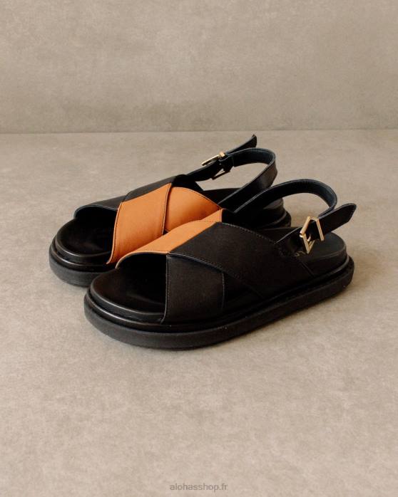 femmes bronzage noir bicolore P64N125 Alohas marshmallow - sandales à brides croisées noires et marron